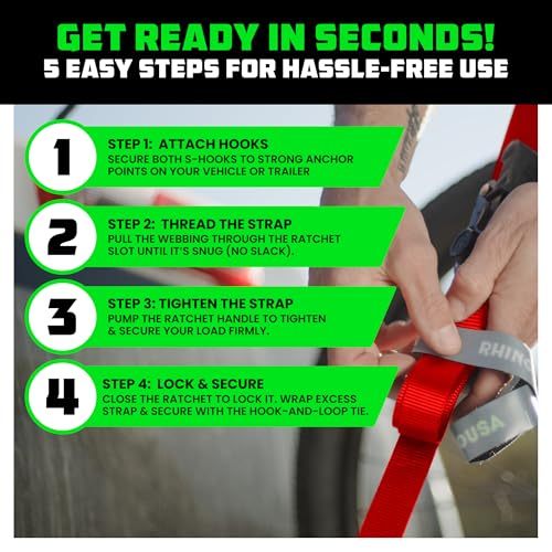 Image of Rhino USA Ratchet Straps Tie Downs (4-Pack) - 1 Inch x 15 Feet (1,823lb Break Strength) - Ultimate Tie Down Straps with Safety S Hooks - for Trucks, Cargo, Moving, Appliances -Red