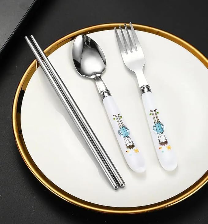 Image of 4 Pcs Cutlery Set with Storage Case, Stainless Steel Spoon Fork Chopsticks Set for School Lunch Box, Travel Camping Portable Reusable Tableware for Boys Girls (Set of 1 Multicolor)