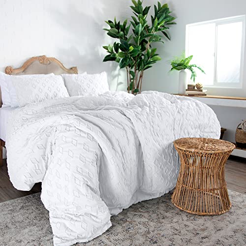 Southshore Fine Living, Inc. Clipped Jacquard Tufted Diamond Pattern Boho Duvet Cover Bedding Set With Zipper And Corner Ties, Soft Cozy Bedspread 3-Piece And 2 Shams, White King / California King #TOP6