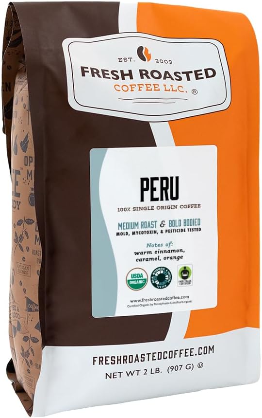 Fresh Roasted Coffee, Organic Peru Whole Bean Coffee, Medium Roast, USDA Organic, 3rd Party Tested for Mold, Mycotoxin & Pesticides, Kosher, 2 lb (32 oz)