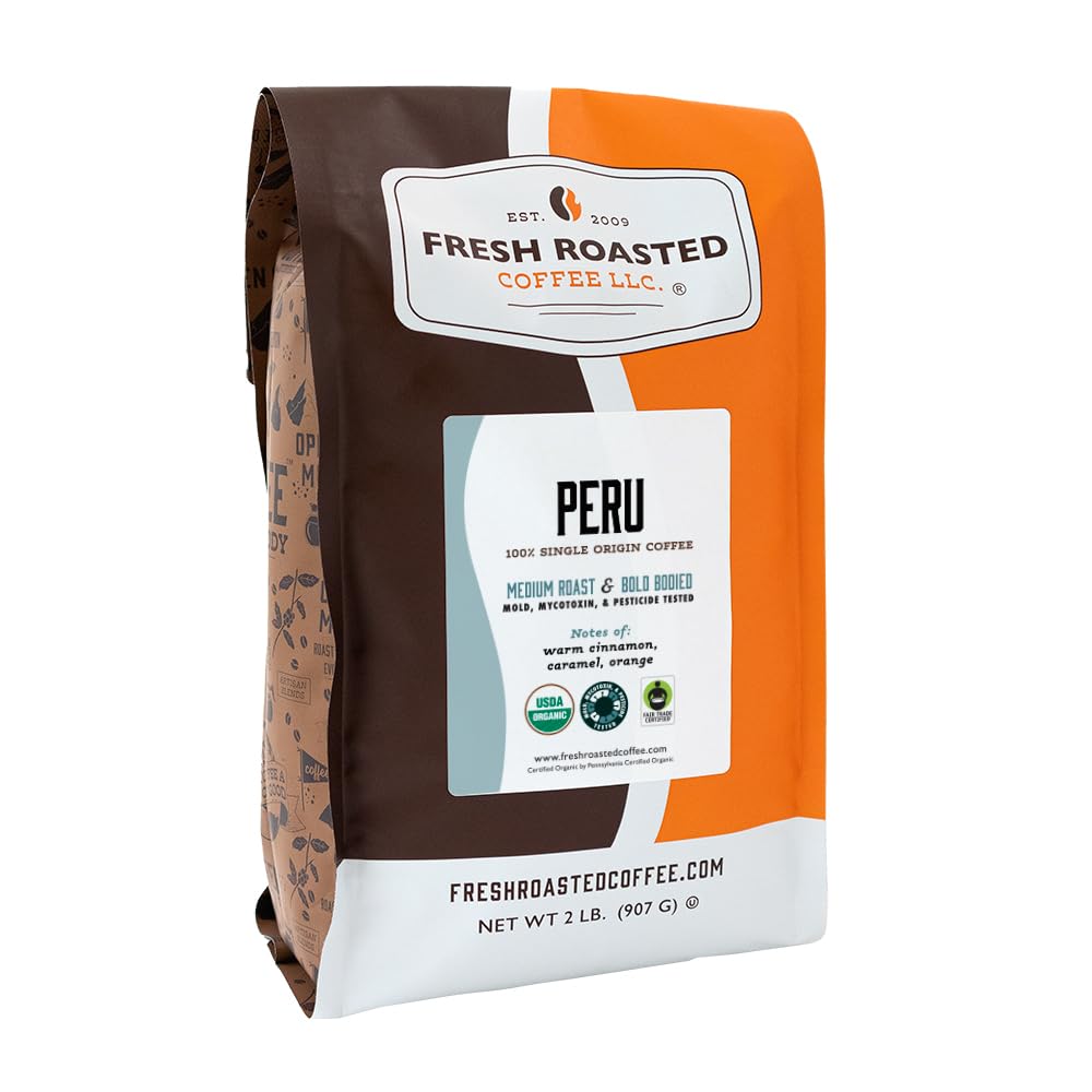 Fresh Roasted Coffee, USDA Organic Peru | 3rd Party Tested for Pesticides, Mold, Mycotoxins, Kosher | 100% Arabica, Specialty Grade, Med Roast 2 lb (32 oz) Whole Bean
