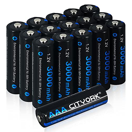 CITYORK Paquet de 16 Batteries Rechargeables, Haute Capacité AA 3000mAh Ni-MH 1.2V 1200 Cycles (4 étuis de Rangement Inclus) Cover
