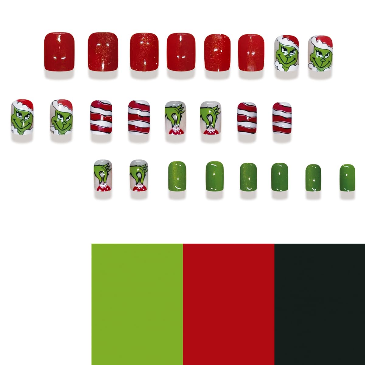 Christmas Nails,24Pcs Short Press on Nails Christmas Fake Nails with Cute Green Monster Designs Full Cover Glitter Red Green Xmas False Nail Holiday Artificial Square Glue on Nail for Women DIY Nail