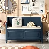 Entryway Bench with Lift Top Storage and Cushion Rustic Wood Shoe Storage Bench with Back Navy