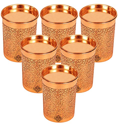 Indian Art Villa Copper Glass Tumbler Cup with Lid, Embossed Design, Drinkware, 10 OZ Each, Set of 6