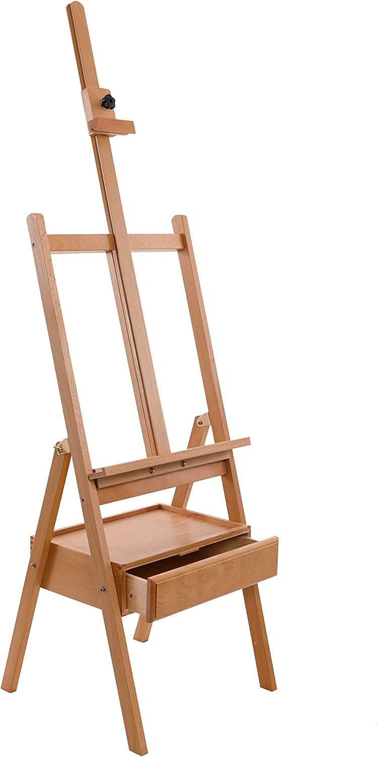 TDOO Large Wooden H-Frame Studio Easel with Artist Storage Drawer and Shelf - Mast Adjustable to 75" High, Sturdy Pine Canvas Holder Stand - Organized Painting, Drawing Sketching (wooden 1)