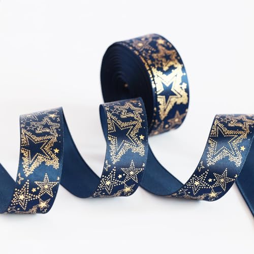 Navy Blue with Gold Star Satin Ribbon -7/8