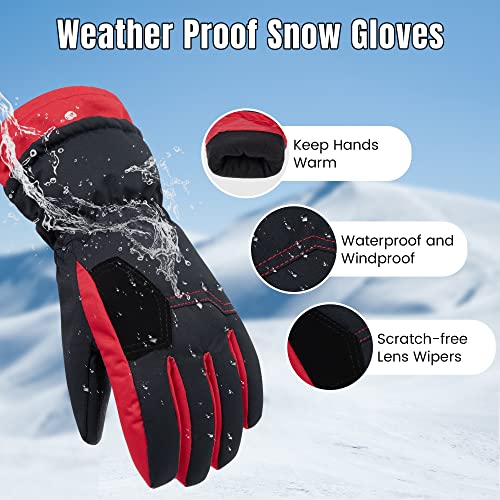 Andorra Boys Snowboard Gloves 2-Tone Geometric Cotton Kids Snow Gloves,Black W/ Red Trim,S(4-6 Years) #TOP2