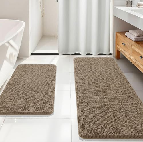 Image of OLANLY Bathroom Rugs Sets 2 Piece, Soft Absorbent Chenille Bath Mats Area Rug Set, Non-Slip, Quick Dry, Machine Washable Bath Mats for Bathroom, Home Decor Accessories (59 inchx20 inch+30 inchx20 inch, Tan)