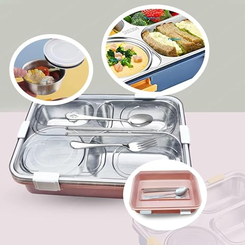 Image of Storescent Lunch Box with Compartment, Leak-Proof BPA Free Stainless Steel for School, Lunch Box for School & Office with a Fork, a Spoon and a Pair of Chopsticks (Pink, 4 Compartment)