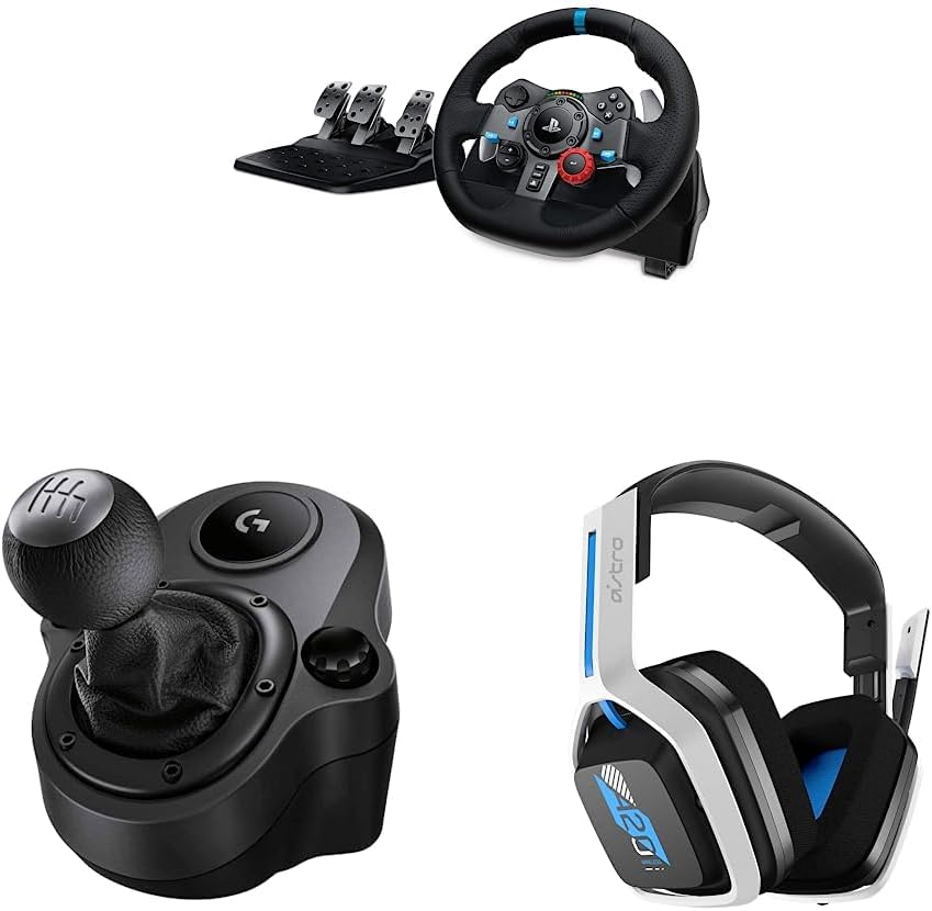 Logitech G29 Driving Force Racing Wheel + Floor Pedals + Driving Force Shifter + ASTRO Gaming A20 Wireless Headset Gen 2 Bundle -PS5, PS4, PC, Mac