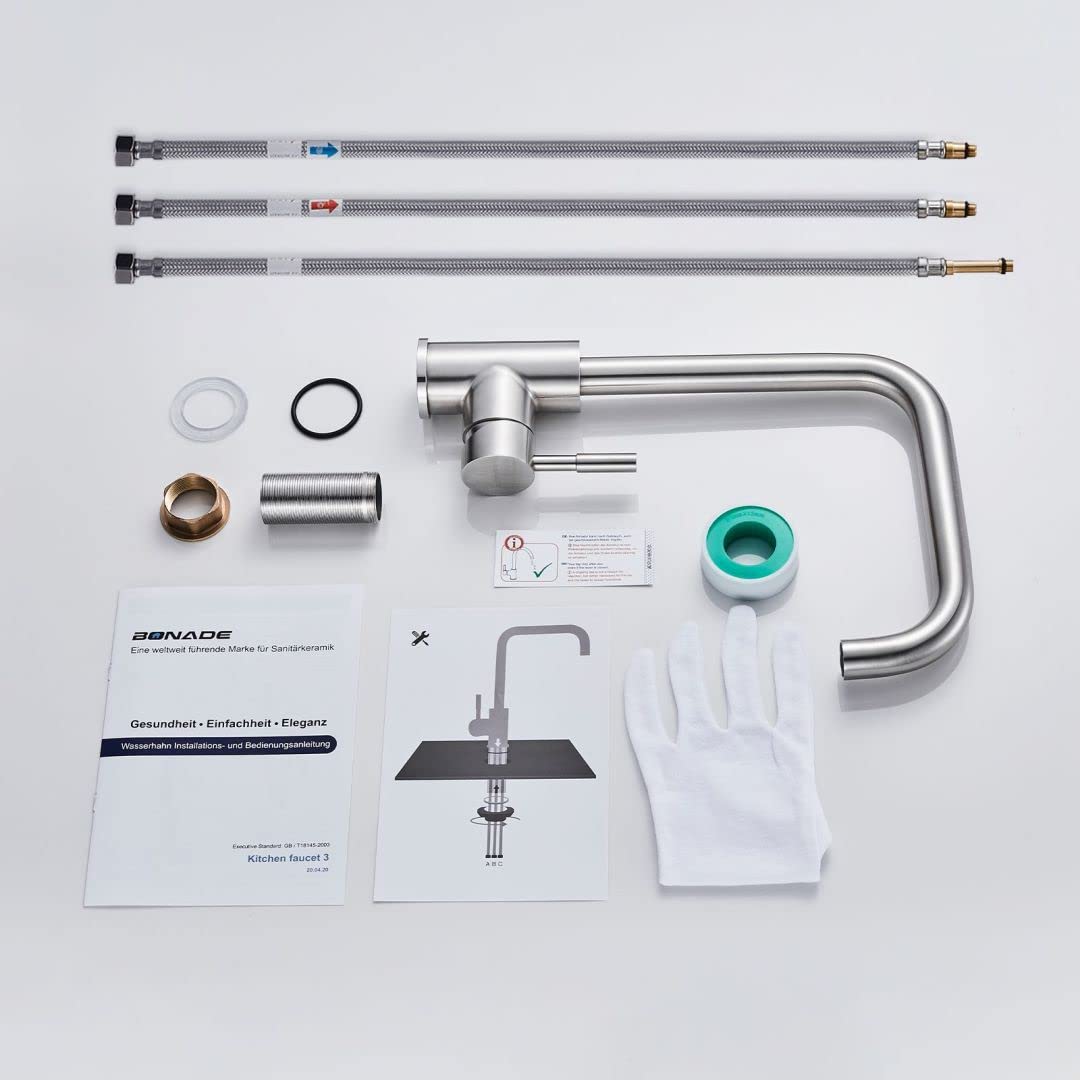 BONADE Niederdruck Armatur Küche Edelstahl, Küchenarmatur Niederdruck 360° Drehung, Spültischarmatur Mischbatterie Einhandmischer für Küche, Wasserhahn Küche Niederdruck 3 Anschlüsse an den Boiler