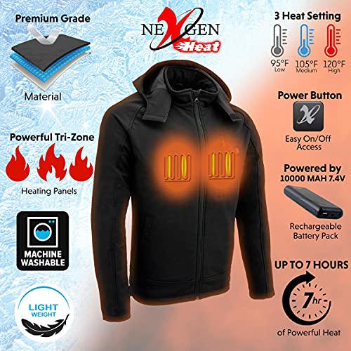 Nexgen Heat NXM1767SET Men's 'Ruffled' Black Soft Shell Heated Hooded Jacket (Included Rechargeable 10000mAh Battery)2