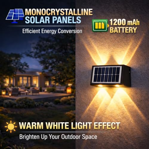 Image of Gesto 4W Solar Wall Lights Outdoor Waterproof IP65, Warm White Up & Down Wall Lamp with 1200mAh Battery, Auto ON /Off Dusk to Dawn, Exterior Light for Garden Fence Gate Patio Pathway Elevation Balcony