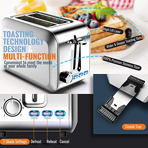 Toasters 2 slice Best Rated Prime Wide Slot Stainless Steel 2 Slice Toaster with 7 Shade Settings & Removable Crumb Tray & Defrost/Reheat/Cancel Mode