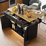 Carro de Cocina Cayipng, Isla de Cocina de Madera con encimera abatible, toallero y especiero, Carro de Comedor con 3 cajones y almacenaje, Negro