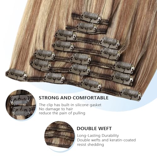 Image of COOKAYU Clip in Hair Extensions Real Human Hair, 10 /16 /16 Gold Brown to Caramel Blonde Ombre Hair Extensions Clip in Human Hair, 14inch 120g 7Pcs
