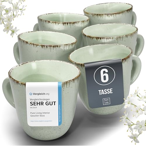 Steingut Kaffeetassen 6 Personen Rustic TESTSIEGER, Hochwertiges Landhaussttil Steingut Tassen Set, Stylisches Tee- und Kaffeebecher Set, Pure Living in Mintgrün