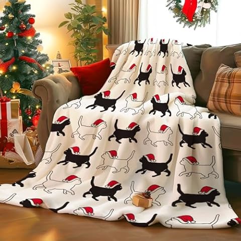 Christmas Black White Cat Blanket, Christmas Cat Blanket, for Cat Lovers Girls Boys Teens Soft Plush Lightweight Bedding 50"x60" for Teens Throw Blanket Cover