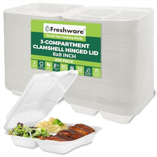 Freshware Compostable Clamshell Food Containers [8x8"] 3-Compartment 200-Pack, Disposable Containers, Biodegradable Sugarcane To Go Boxes - Paper Food Containers - Microwave & Freezer Safe, Stackable