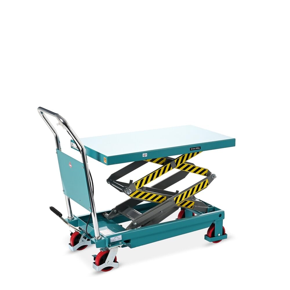 Ameise Scheren-Hubtischwagen LTT | 450-1.500 mm Hubbereich | 700 kg Tragkraft | 1.220x610 mm Plattform | Fahrbarer Hubtisch mit festem Bügel | Fußbetriebene Hydraulikpumpe | Stahl | Türkisblau