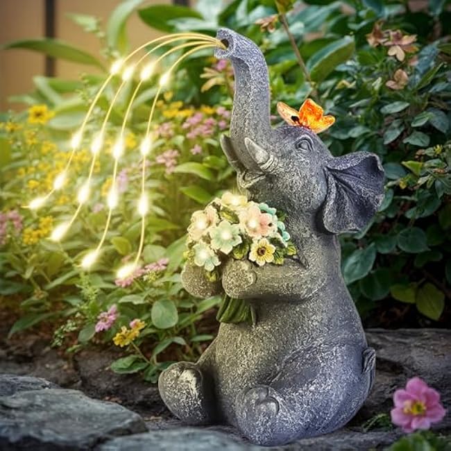Solar Garden Elephant, Lights Watering Decor, Animal Statue Outdoor, Fairy Garden Accessories,Patio,Yard,Balcony Decorations, Lawn Ornament, Housewarming, Birthday,Mothers Day Mom Gifts