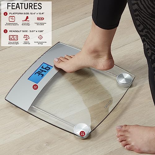 Image of Taylor Digital Scales for Body Weight, Extra High 440 LB Capacity, Unique Blue LCD, Stainless Steel Accents Glass Platform, 12.4 x 12.4 Inches, Clear