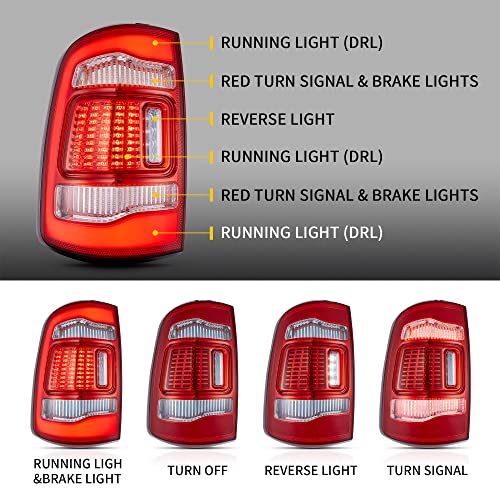 Vland Led Red Turn Signal Tail Lights Compatible For [Dodge Ram 1500 2009-2018 & 2010-2018 Ram 2500/3500] With Reverse Running Brake Turning Function Rear Lamps, Red Lens (Not Fit A 2019 2020) #TOP1