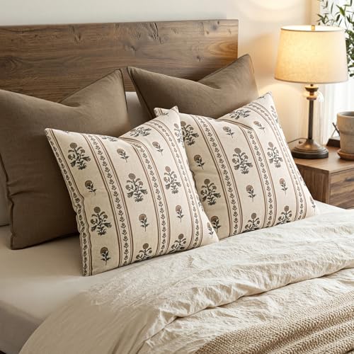 SWANCOCO Striped Floral Throw Pillow Covers 18x18 Inch Set of 2 Brown - image 6