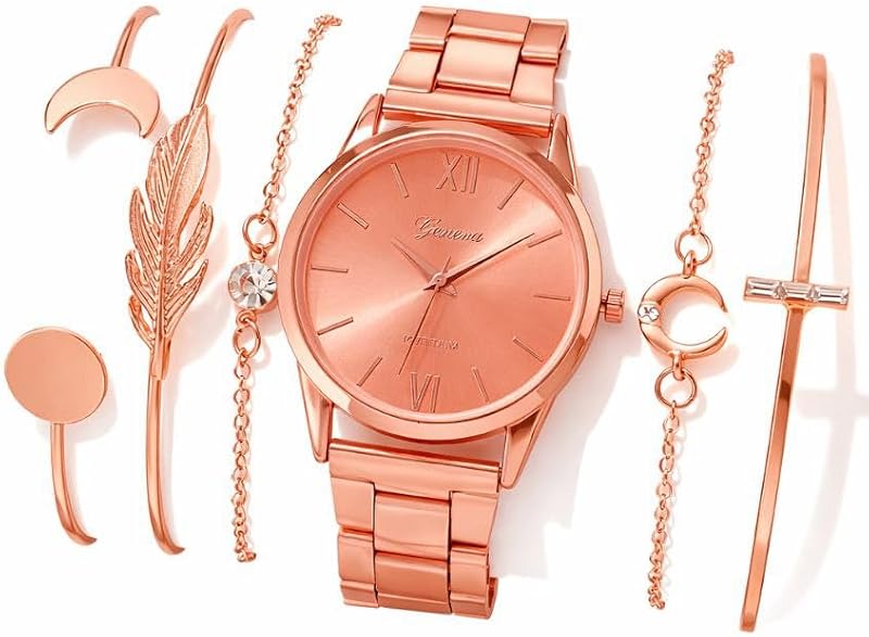 Ladies Watch Quartz Watch & 5pcs Bracelet-Rose Gold