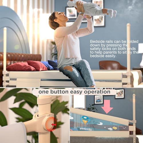 Image of BAYBEE Baby Bed Rails Guard (180Lx63H cm), Bedrail for Baby Kids Safety, Portable Bed Rail Falling Protector Fence with Adjustable Height, Foldable Bed Rails for Newborn Baby Kids, Pack of 2, (Beige)