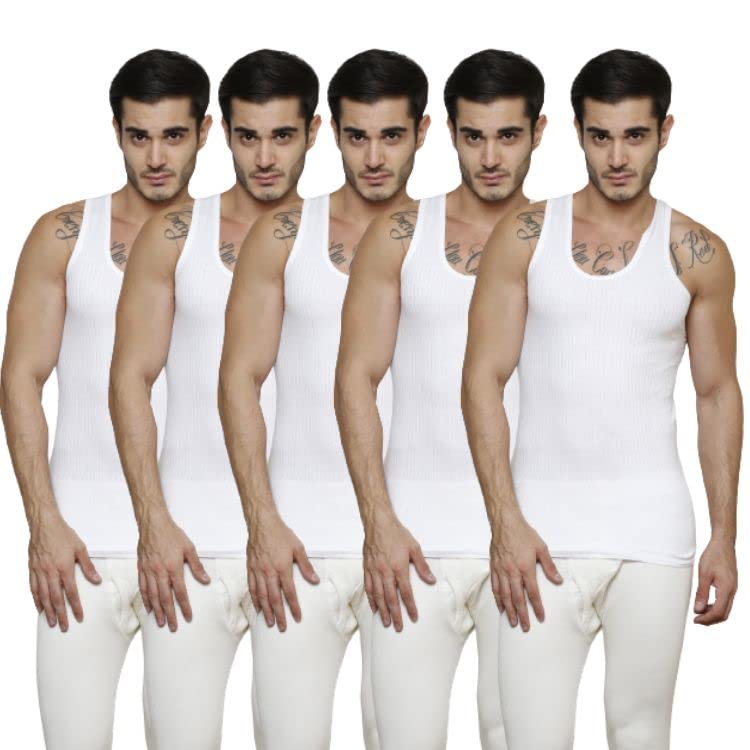 prince Super 60 Ribbed Cotton Deluxe Men's Vest RN Pack of 5| White, Medium-picture-20