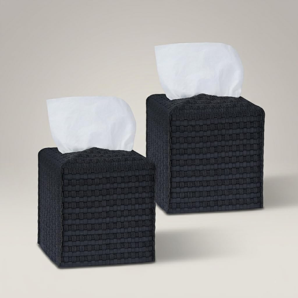 Tissue Box Cover 2-Pack, Square Tissue Holder with Bottom Belt, Modern Tissue Case Facial Paper Organizer Dispenser for Bathroom, Office, Home, Table, Car, Woven Pattern Black