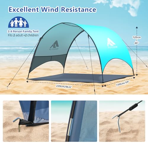 Strandmuschel Strandzelt Sonnenschutz UV50+ | Kompakt (43×10 cm), windstabil mit Sandankern, 360° Belüftung, leicht tragbares Zelt für Strand, Nordsee, Ostsee, Camping & Picknick (2–4 Personen)