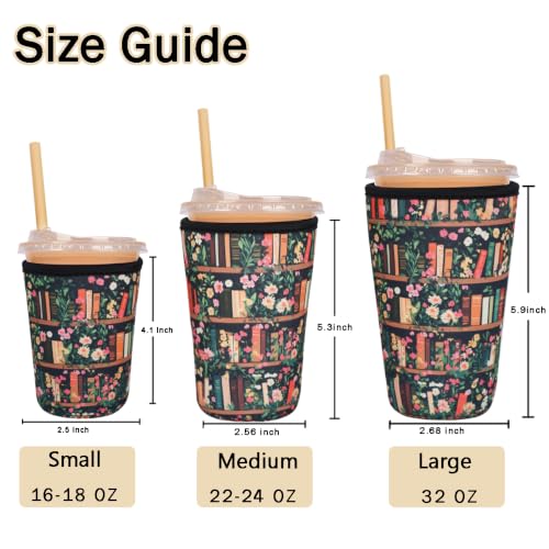 Image of Reusable Insulated Sleeve for Iced Coffee Cup, 3-Pack Coffee Neoprene Drink Sleeve for Cold & Hot Drinks, Beverage Holder for Iced Coffee (Bookish Blooms)