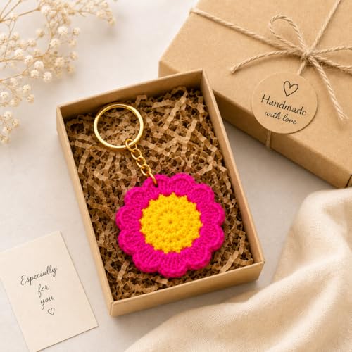 Image of Handmade Crochet Keychain for Women & Girls, Cute Yarn Key Ring, Bag Charm, Car Key Holder & Gift, Aesthetic Handmade Floral Accessory