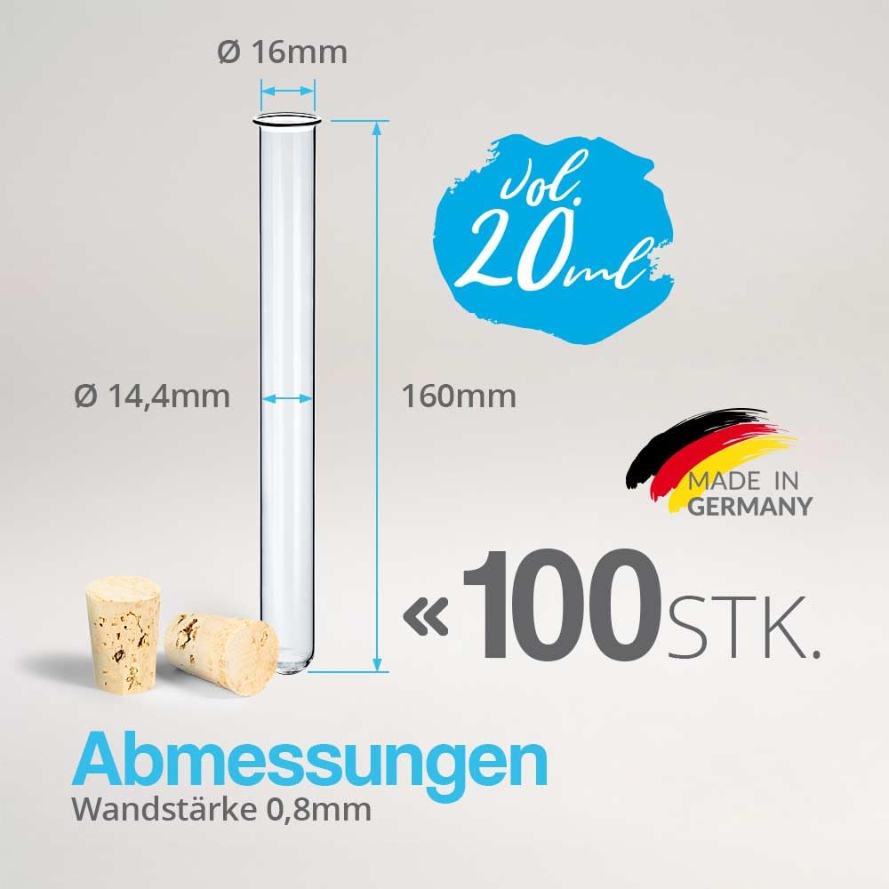 Tuuters 100x Glas Reagenzgläser mit Korken und Bördelrand (160 x Ø 16mm) | Reagenzglas mit Rand, Klarglas Reagenzgläschen, Made in Germany, Glasröhrchen für Blumen Deko Gewürze Gastgeschenke Hochzeit