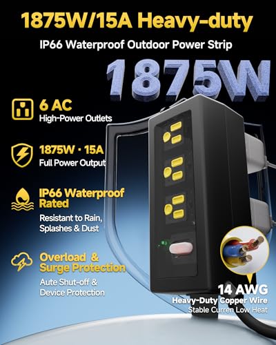 Image of Outdoor Extension Cord, 6 Wide Outlets, 1875W /15A, 10FT 14AWG Heavy Duty SJTW Power Strip with Surge Protector, All-Weather & IP66 Fully Waterproof, Ideal for Patio, Garden, Pool, RV, Black