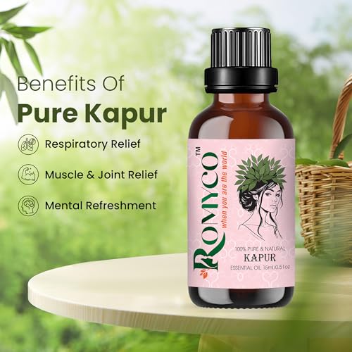 Image of Romyco Kapur Essential Oil (Camphor) 15ml for Respiratory Relief Cough & Cold, Muscle Relaxation Pain Relief | Natural Air Freshener | Aromatherapy Diffuser | Pure Natural Premium Undiluted