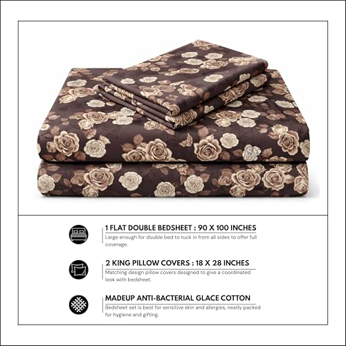 Image of King Size Bedsheet Cotton for Double Bed | Flat - 90x100 Inch, Floral, Soft & Breathable, Fade & Shrink Resistant, 2 Pillow Covers | Cocoa Rose Charm, Chocolate Brown