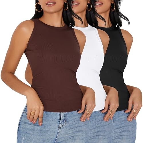 3 Pack Womens Sleeveless High Neck Tank Tops Slim Fit Ribbed Racerback Top Summer Fashion 2025 Basic Workout Casual Shirt