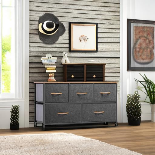 DWVO Dresser TV Stand, Fabric Dresser with 5 Drawers, Dresser for Bedroom, Wide Dresser, Storage Tower, Chest of Drawers for Closet, Living Room, Hallway, Dull Grey