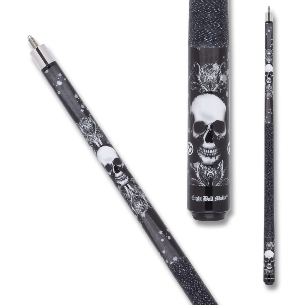 Eight Ball Mafia EBM02 Pool Cue - Black and White Eight Balls and Skulls Design - 21oz