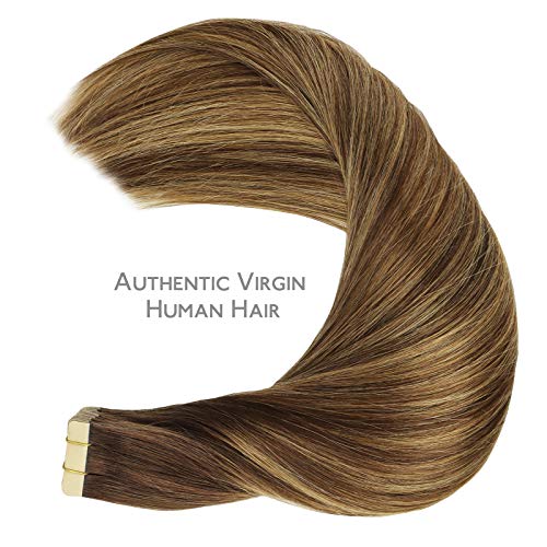 Image of WENNALIFE Tape in Hair Extensions Human Hair, 20pcs 30g 10 inch Balayage Chocolate Brown to Caramel Blonde Remy Hair Extensions Straight Human Hair Tape in Extensions Skin Weft Tape Extensions