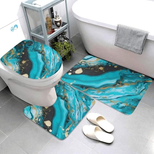 Tapis de bain antidérapant en microfibre marbre bleu turquoise lot WC - 4