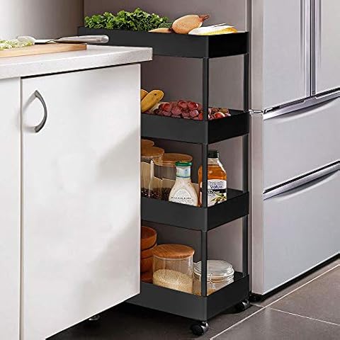 BEEY Rolling Storage Cart, 4 Tier Slim Storage Cart on Wheels, Craft Utility Cart for Kitchen Bathroom Bedroom, Black Cover