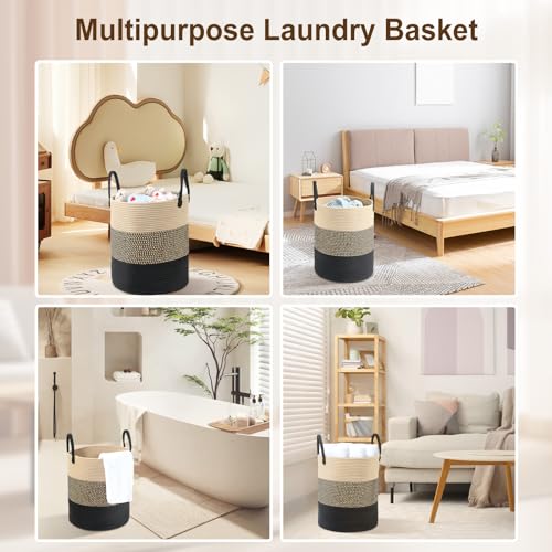 HDRNT Wäschekorb Geflochten aus Baumwolle，45L Wäschesammler mit Henkel,Geflochtener Wäschesortierer, Laundry Basket Aufbewahrungskorb für Wäschekammer Kinderzimmer Bad (35cm*40cm) (beige+schwarz)