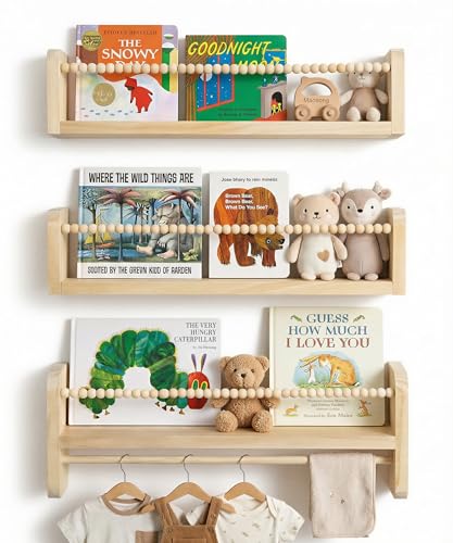 Image of Mazjoaru Nursery Book Shelves for Wall Set of 3, Natural Wood Bookshelves Wall Decor, Small Floating Shelf Organizer for Kids Room, Bedroom, Kitchen Spice Rack