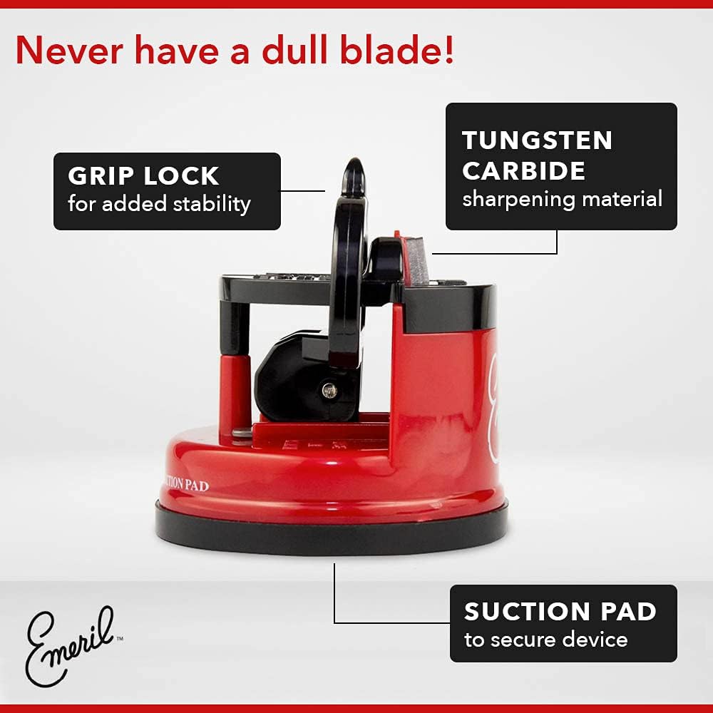 Emeril 3-Piece Knife Set & Sharpener - Sharp Pairing & Santoku Chef's Cutting Knives with Stainless Steel Blade for Cooking & Kitchen, by Chef Emeril Lagasse (Red): Home & Kitchen