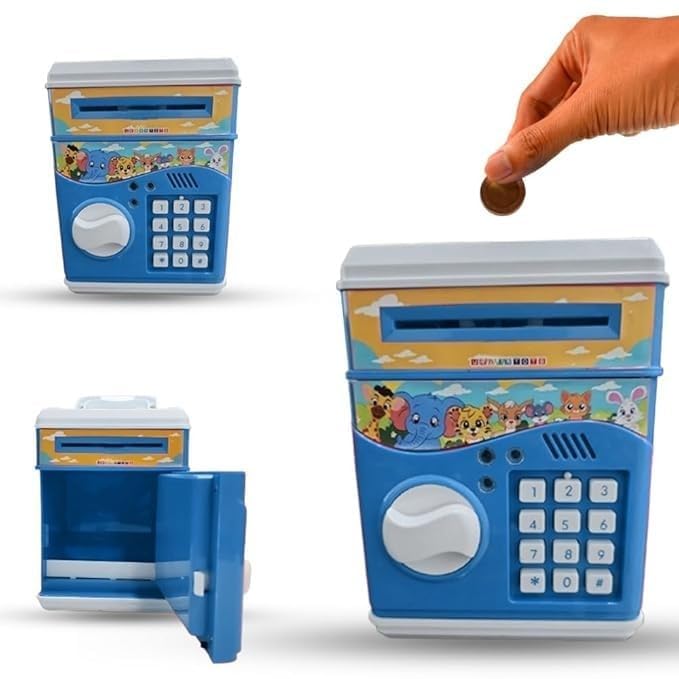 TOYIQ ATM Money Locker Piggy Bank Battery Operated Coin Bank with Automatic Door Open Electronics Security Lock & Password Key Toys for Kids (Blue) Colour 3